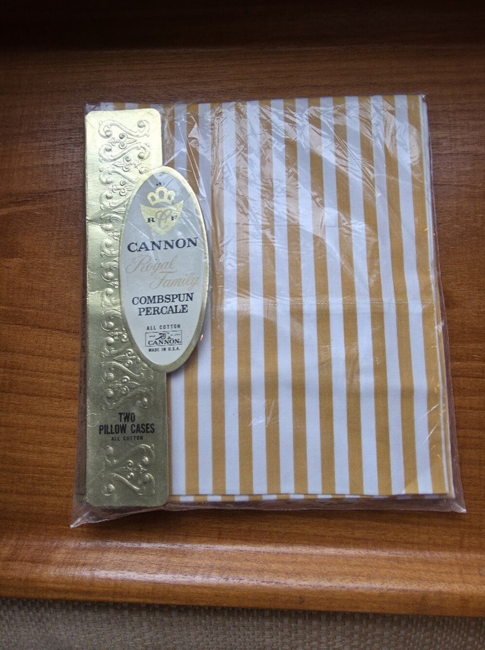 Cannon Homespun Cotton Double Set Of Two Pillowcases, 1970s Gold White Stipes